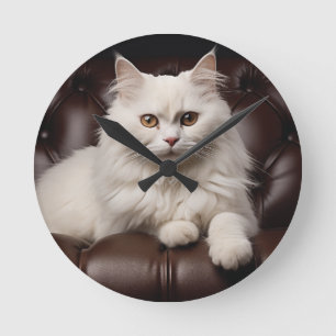 Majestic white cat round clock
