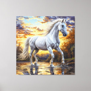 Majestic White Horse Galloping Through Water Canvas Print