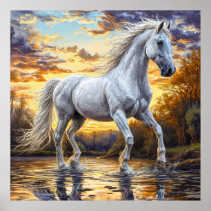 Majestic White Horse Galloping Through Water Poster