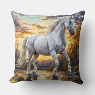 Majestic White Horse Galloping Through Water Throw Pillow