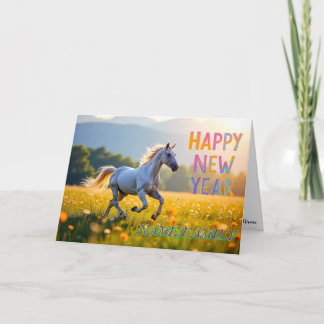 Majestic White Horse in Golden Meadow Holiday Card