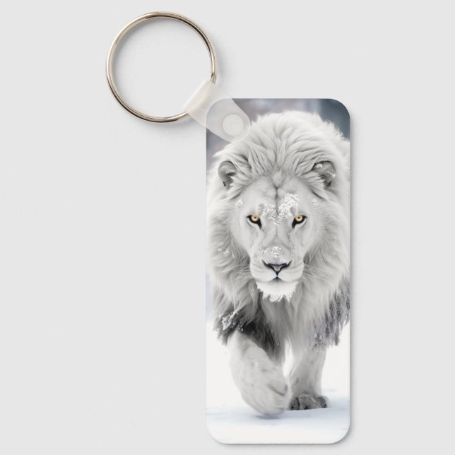 Majestic White Lion in Winter Wonderland Design Keychain (Front)