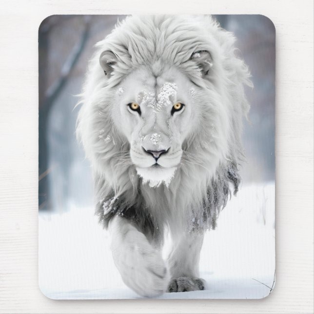 Majestic White Lion in Winter Wonderland Design Mouse Pad (Front)
