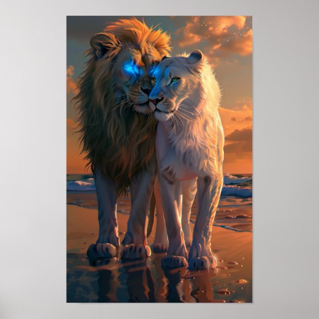 Majestic White Lion with Blue Eyes Poster (Front)