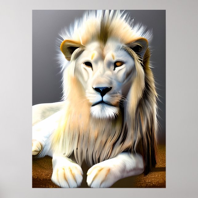 Majestic White Lion with Different Coloured Eyes Poster (Front)