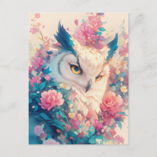 Majestic White Owl in Pink Rose Garden Postcard