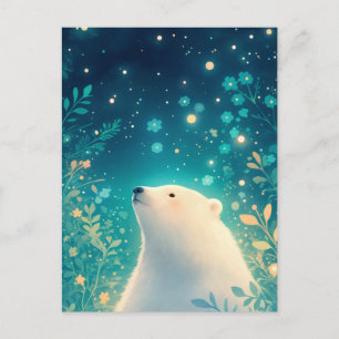 Majestic White Polar Bear in Starry Garden Postcard