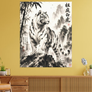 Majestic White Tiger in Misty Mountains Traditio Canvas Print
