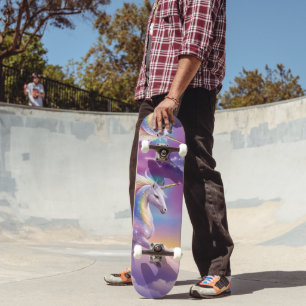 Majestic White Unicorn Fantasy Pastel Cloudy Sky Skateboard