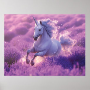 Majestic White Unicorn Galloping Through Lavender  Poster