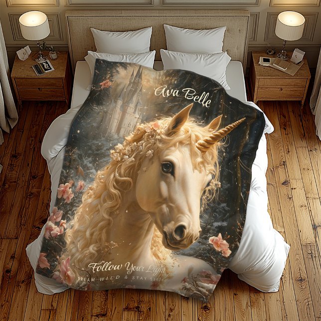 Majestic White Unicorn Winter Fantasy Snowy Forest Fleece Blanket (Creator Uploaded)
