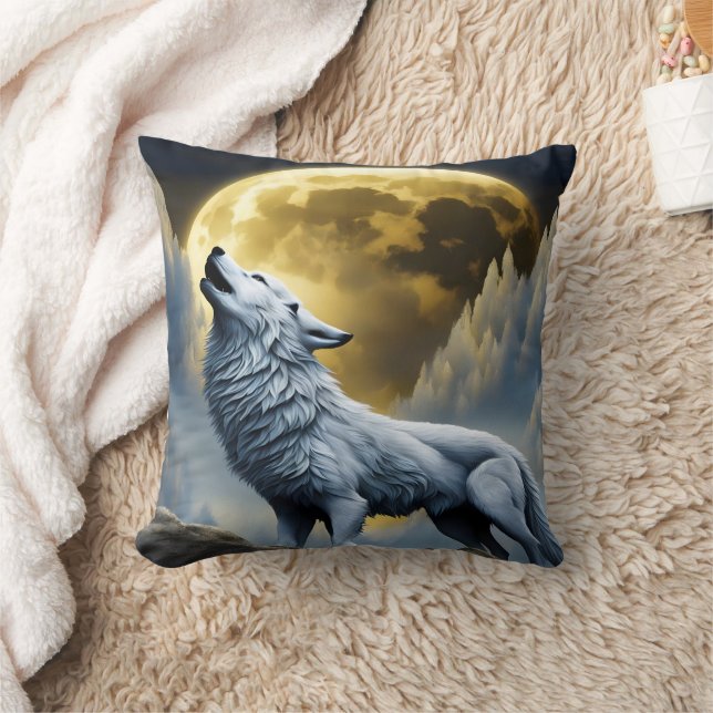Majestic White Wolf Howls Under Full Moon Throw Pillow (Blanket)