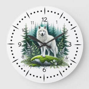 Majestic White Wolf in Forest Large Clock