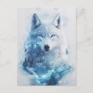 Majestic White Wolf in Icy Blue Nebula Postcard