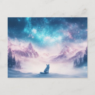 Majestic White Wolf in Icy Mountain Galaxy Postcard