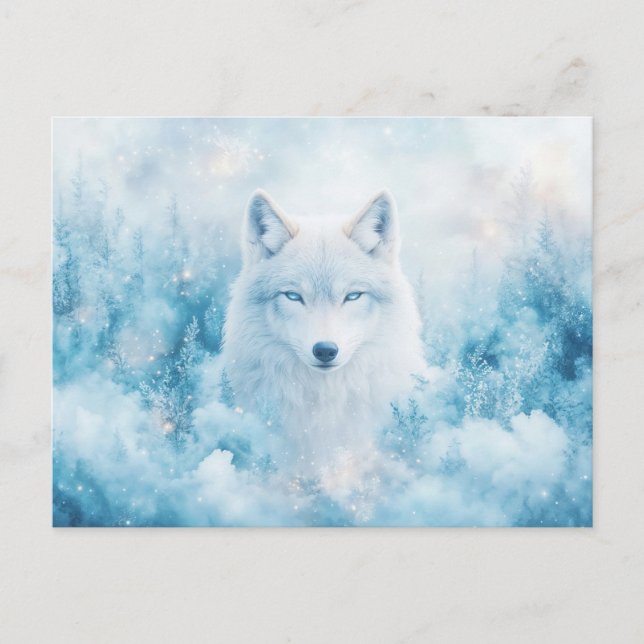 Majestic White Wolf in Icy Winter Forest Postcard (Front)