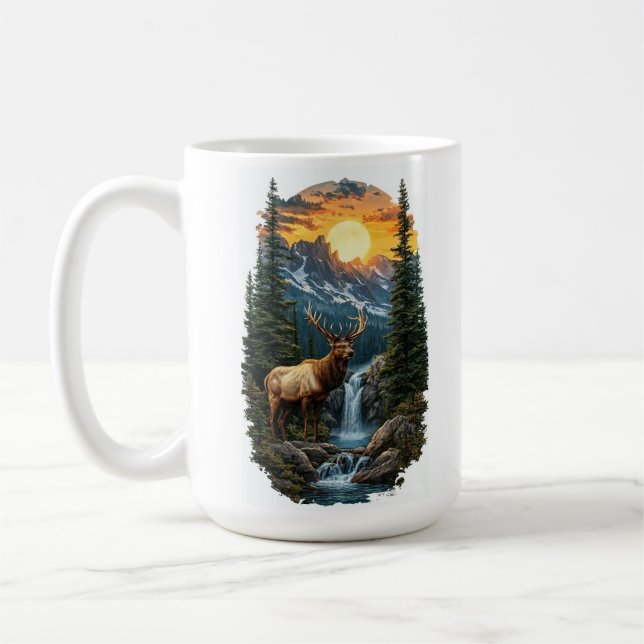 "Majestic Wilderness – Elk at Sunrise Waterfall" Coffee Mug (Left)