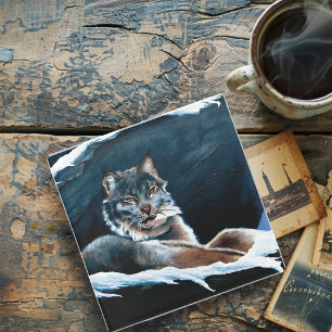 Majestic Winter Lynx Resting Snowy Mountain Glass Coaster
