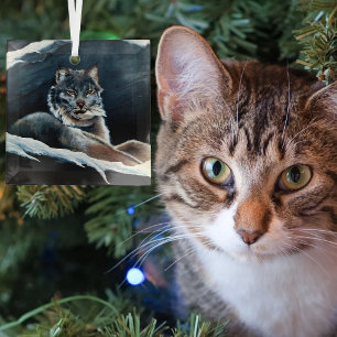 Majestic Winter Lynx Resting Snowy Mountain Glass Ornament
