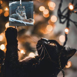 Majestic Winter Lynx Resting Snowy Mountain Glass Ornament