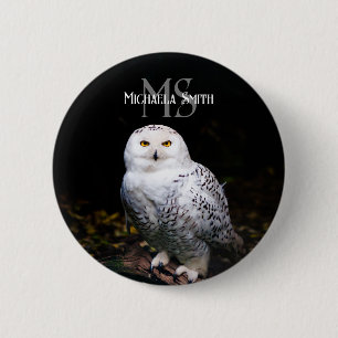 Majestic winter snowy owl monogram custom name 2 inch round button