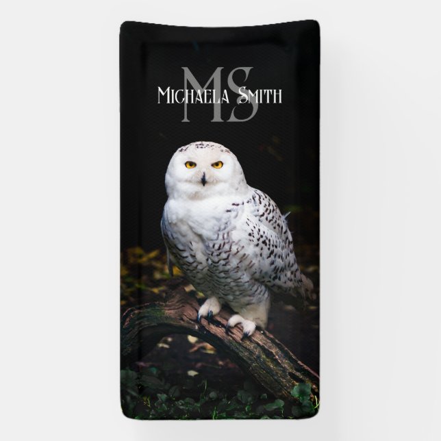 Majestic winter snowy owl monogram custom name banner (Vertical)