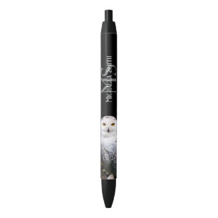 Majestic winter snowy owl monogram custom name black ink pen