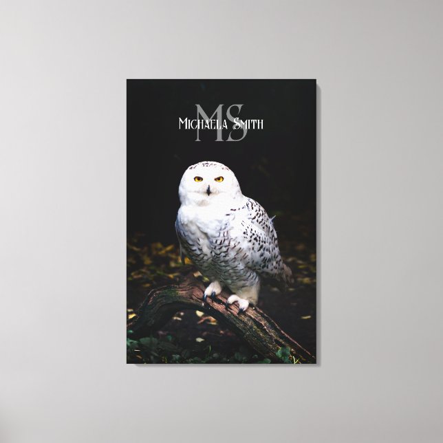 Majestic winter snowy owl monogram custom name canvas print (Front)