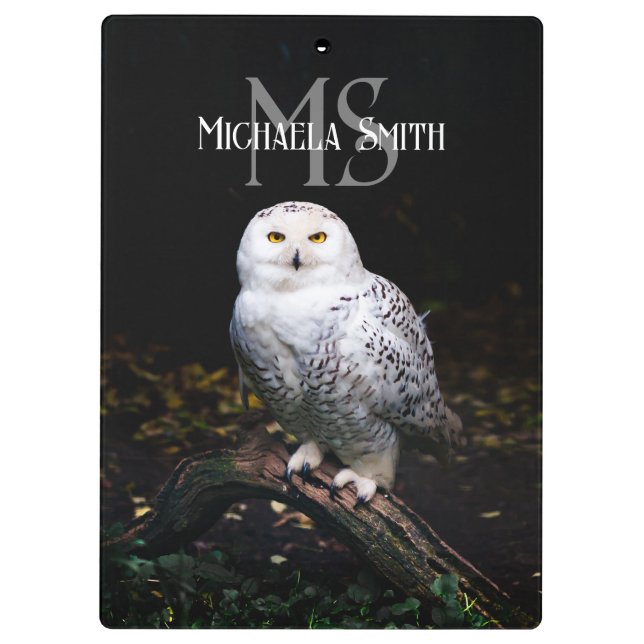 Majestic winter snowy owl monogram custom name clipboard (Back)