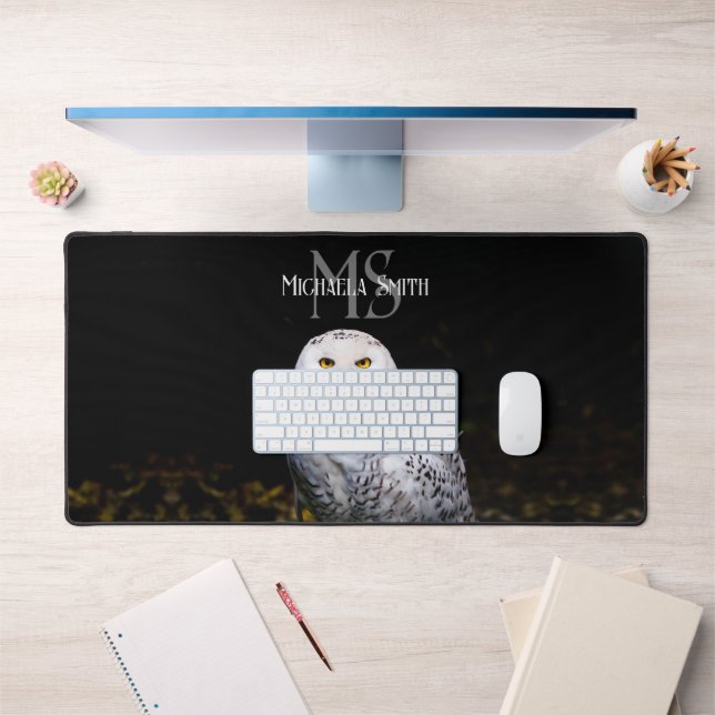 Majestic winter snowy owl monogram custom name desk mat (Office 1)