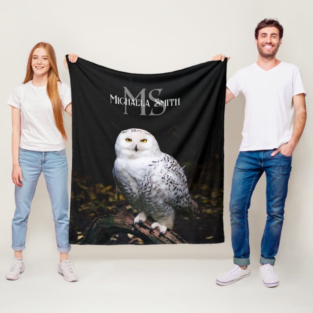 Majestic winter snowy owl monogram custom name fleece blanket (In Situ)