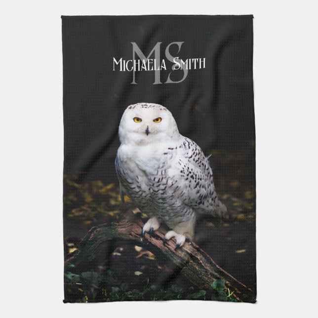 Majestic winter snowy owl monogram custom name kitchen towel (Vertical)