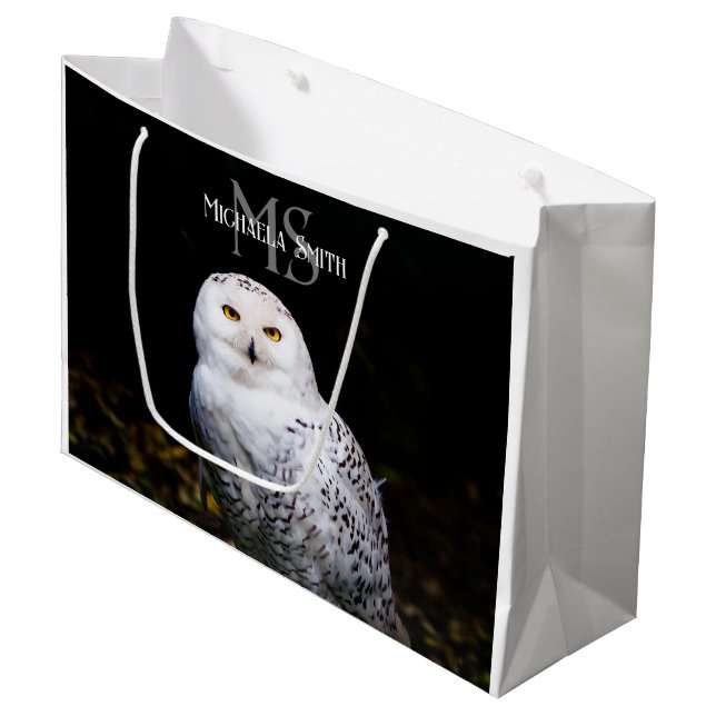 Majestic winter snowy owl monogram custom name  large gift bag (Front Angled)