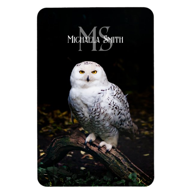 Majestic winter snowy owl monogram custom name magnet (Vertical)