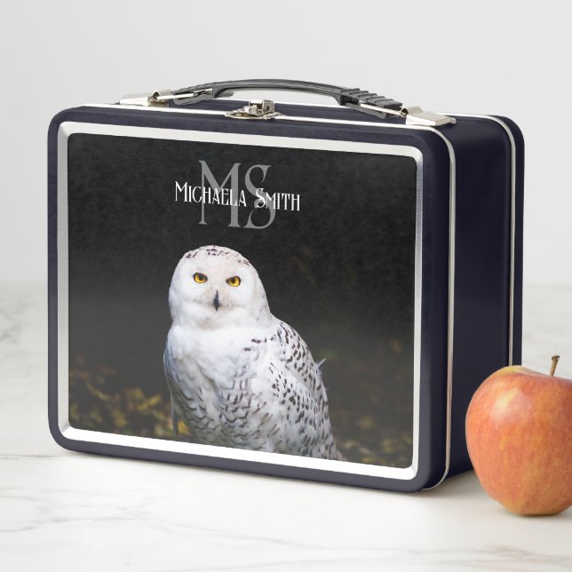 Majestic winter snowy owl monogram custom name metal lunch box (In Situ)