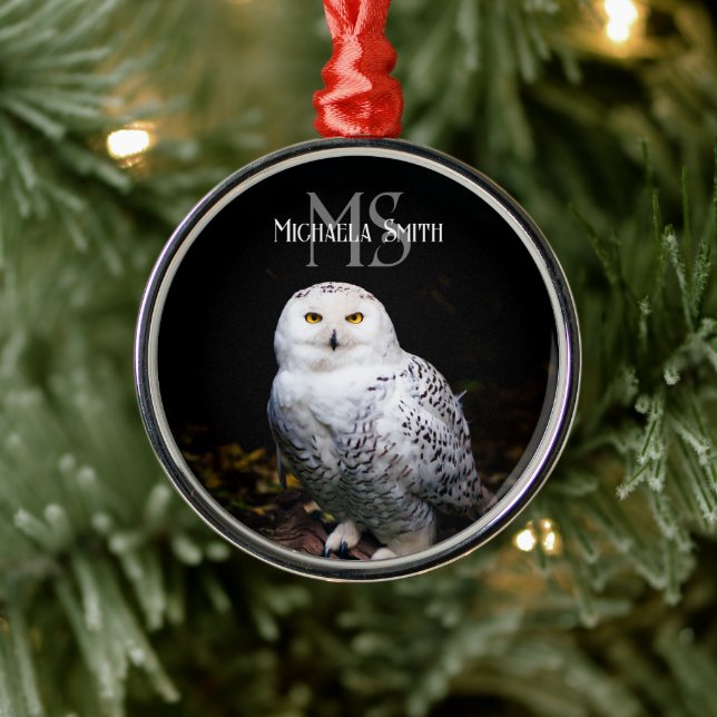 Majestic winter snowy owl monogram custom name metal ornament (Tree)