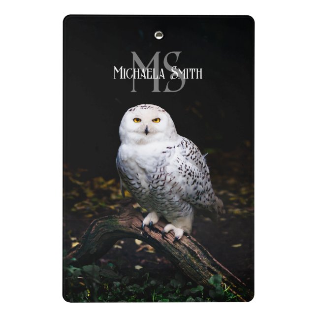 Majestic winter snowy owl monogram custom name mini clipboard (Back)