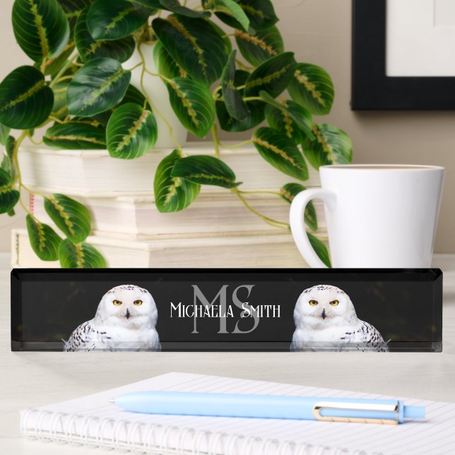 Majestic winter snowy owl monogram custom name nameplate