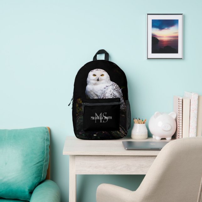 Majestic winter snowy owl monogram custom name printed backpack (Insitu)