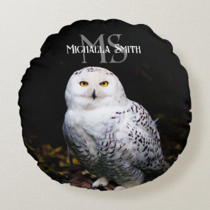 Majestic winter snowy owl monogram custom name round pillow