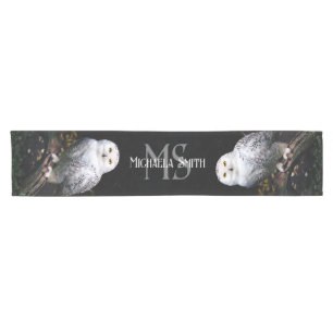 Majestic winter snowy owl monogram custom name short table runner