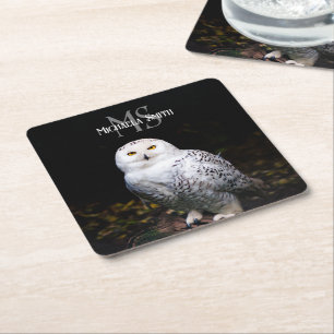 Majestic winter snowy owl monogram custom name square paper coaster