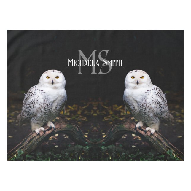 Majestic winter snowy owl monogram custom name tablecloth (Front (Horizontal))