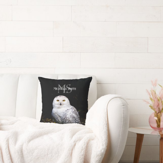 Majestic winter snowy owl monogram custom name throw pillow (Couch)