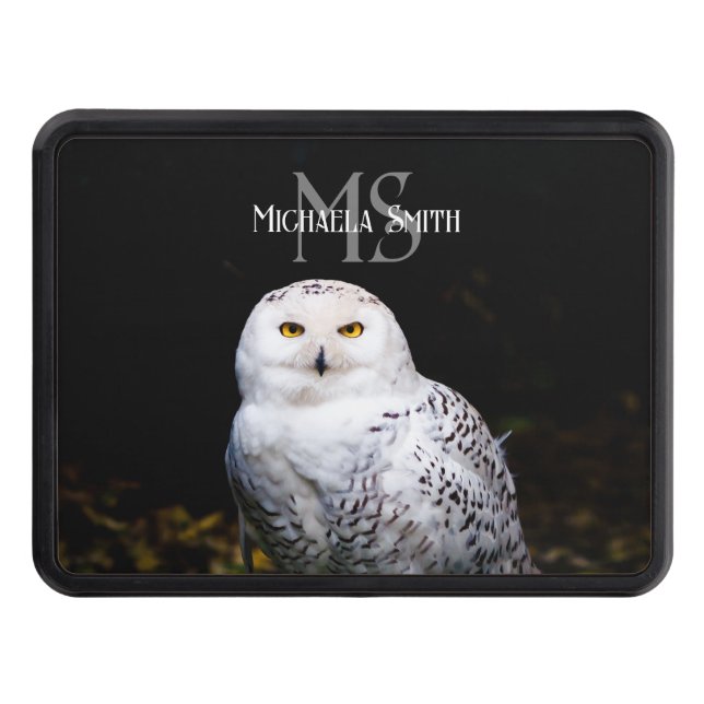 Majestic winter snowy owl monogram custom name trailer hitch cover (Front)