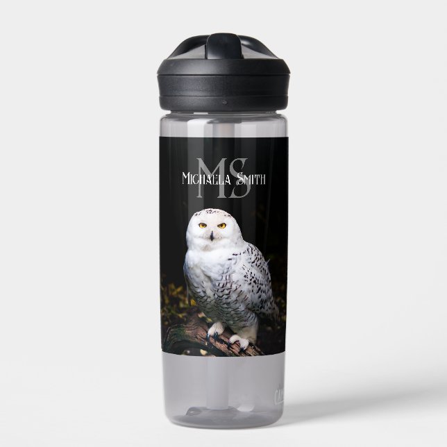 Majestic winter snowy owl monogram custom name water bottle (Front)