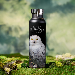 Majestic winter snowy owl monogram custom name water bottle