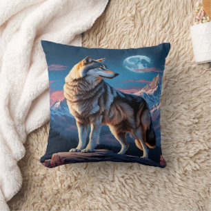 Majestic Wolf Against Moonlit Peaks. Throw Pillow