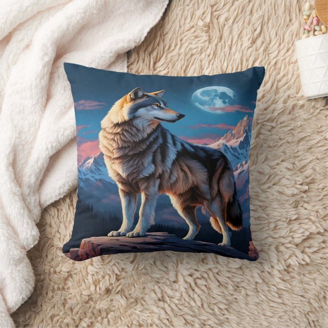 Majestic Wolf Against Moonlit Peaks.  Throw Pillow (Blanket)