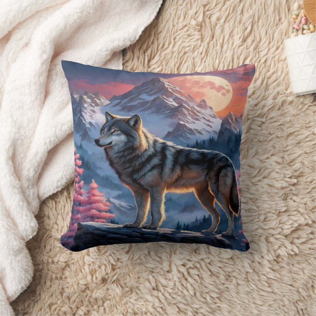 Majestic Wolf Against Moonlit Peaks. Throw Pillow (Blanket)